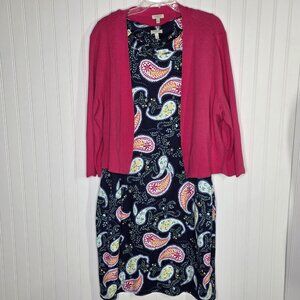 Talbots Dress and Knit Cardigan Set Women Plus 1X Blue Paisley Pink Ruffle Neck